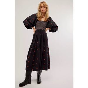 New Free People Dahlia Embroidered Maxi Dress Gauzy Smocked Floral Black Small